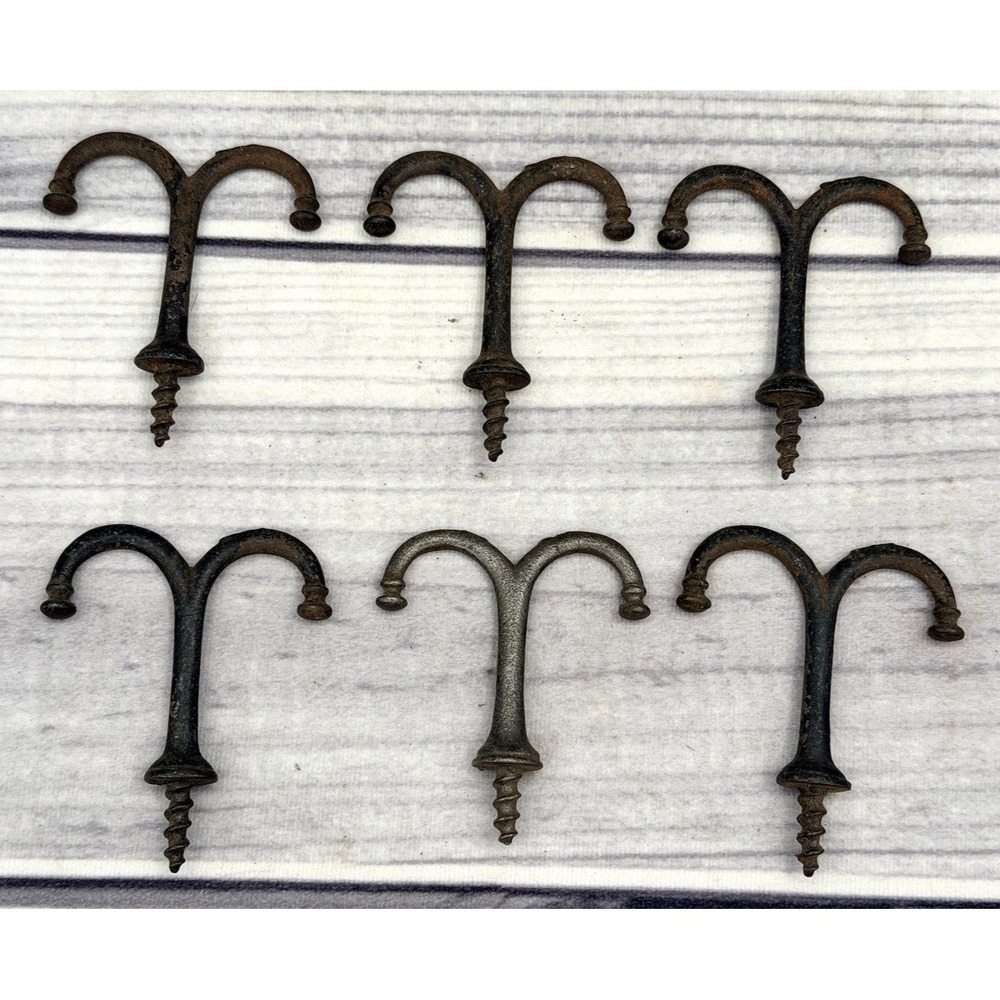 LOT OF 6‎ ANTIQUE SALVAGED CAST IRON 2.5" SCREW IN DOUBLE HOOKS
